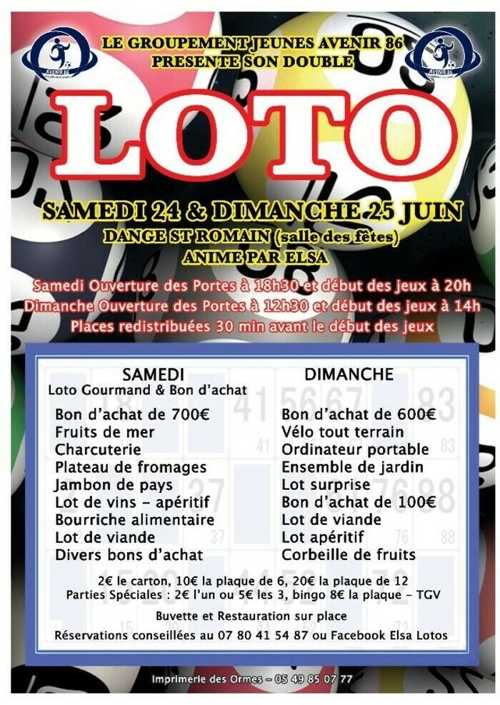 LOTO DES 24 ET 25 JUIN PAR LE GROUPEMENT FOOT "JEUNES AVENIR 86 " de